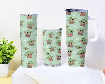 Grogu Tumbler 20oz 30oz 40oz with Handle, Cute Baby Yoda Coffee Tumbler, Stainless Steel Insulated Travel Cup, Grogu Birthday Gift