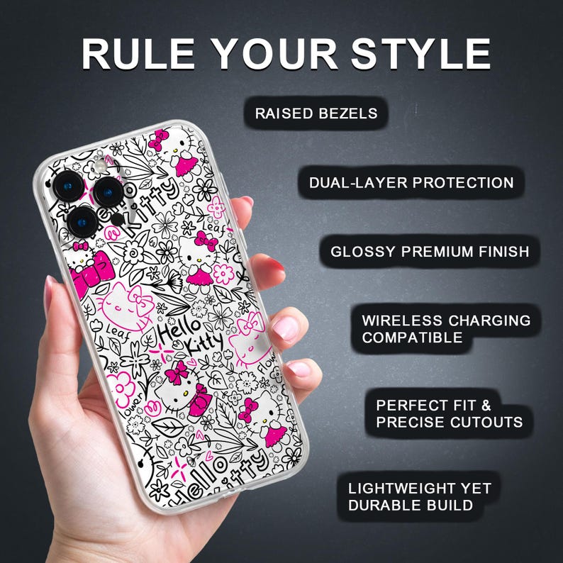 May include: Clear phone case featuring a white and pink Hello Kitty design with flowers and the text "Hello Kitty". The case has raised bezels, dual-layer protection, and a glossy finish. It is wireless charging compatible.