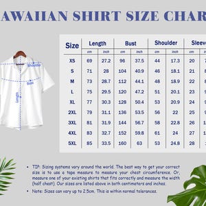 Puede incluir: Una camisa hawaiana blanca con una tabla de tallas. La tabla enumera las medidas en cm y pulgadas para largo, busto, hombro y manga. La tabla incluye tallas XS a 5XL. El texto en la parte superior dice "Hawaiian Shirt Size Chart".