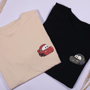 Embroidered Lovely Car Couple Characters Embroidered T-Shirt Couple Tshirt Valentine's Day Gift
