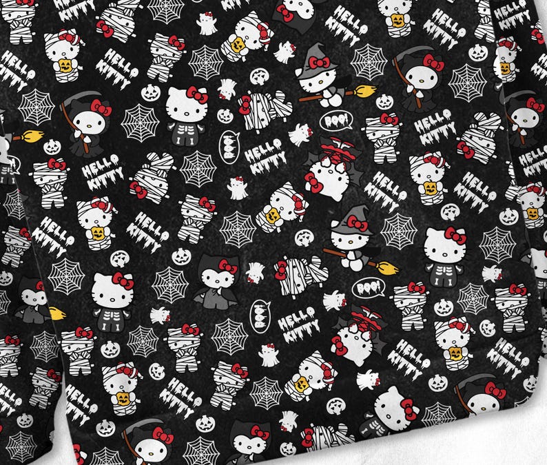 May include: Black fabric with a repeating Halloween-themed pattern featuring Hello Kitty characters dressed as mummies, vampires, and witches. The design includes spiderwebs, pumpkins, and the text "HELLO KITTY".