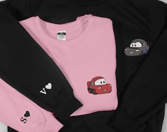 Embroidered Lovely Car Couple Characters Embroidered Sweatshirt Personalized Couple Sweatshirt Valentine's Day Gift