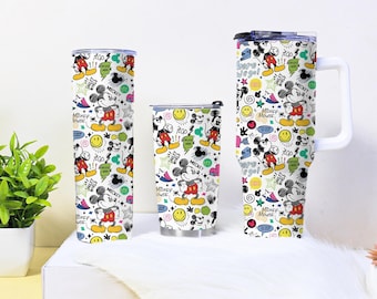 Vaso colorido de Mickey Mouse de 40 oz, taza de café retro de dibujos animados, taza de viaje con estampado de sonrisa adorable, vaso térmico de regalo