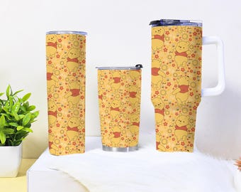 Pooh Tumbler Cup, Floral Pattern Stainless Steel Insulated, Vacuum Coffee Travel Mug With Straw, 20oz 30oz 40oz With Handle, Cute Pooh Gift