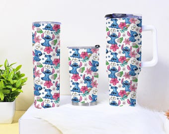 Stitch Floral Tumbler 40oz 30oz 20oz – Hibiscus Cartoon Stainless Steel Travel Mug with Straw – Cute Summer Gift Cup