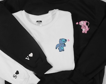 Personalized Couple Sweatshirt Embroidered Lovely Stitch Angel Couple Character Embroidered Sweatshirt Couple Shirt Gift
