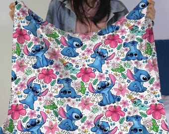 Stitch Tropische Fleece-Decke - Niedlicher Hibiskus-Überwurf für Kinder & Fans - weiches, gemütliches Deckengeschenk