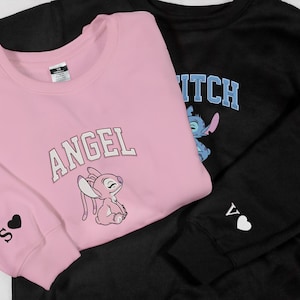 Personalized Couple Sweatshirt Embroidered Lovely Stitch Angel Couple Embroidered Sweatshirt Embroidered Couple Sweatshirt Gifts