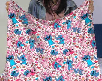 Stitch Angel Fleece Blanket, Cozy Couple Blanket, Cute Throw Blanket, Family Fleece Blanket, Home Decor Valentine Gift