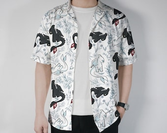 Toothless and Light Fury Hawaiian Shirt, Cute Dragon Summer Gift Outfit, Unisex Beach Button Up Shirt, Toothless Shirt Gift