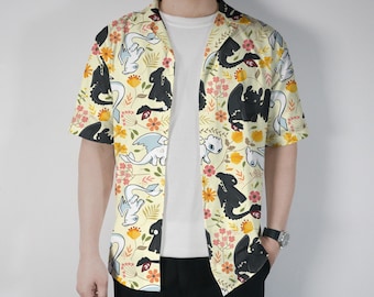 Toothless Hawaiian Shirt, Light Fury Hawaiian Set, Cute Floral Dragon Summer Gift Outfit, Unisex Beach Button Up Shirt, Toothless Shirt Gift