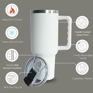 Puede incluir: Un termo de viaje blanco aislado con asa y tapa abatible sin BPA. Cuenta con aislamiento al vac&iacute;o de doble pared, manteniendo las bebidas calientes durante 2-3 horas y fr&iacute;as durante 5-6 horas. La taza es con recubrimiento en polvo, a prueba de sudor y apta para portavasos.