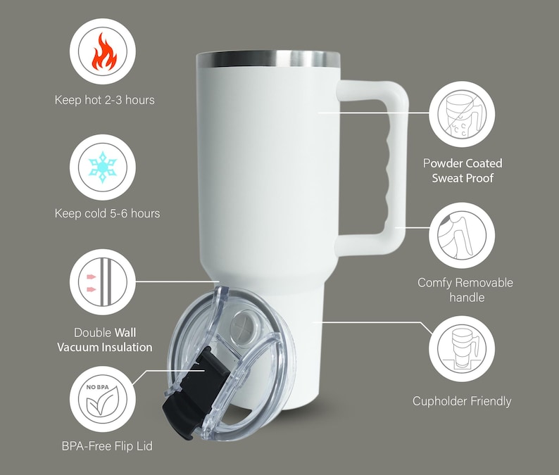 Puede incluir: Un termo de viaje blanco aislado con asa y tapa abatible sin BPA. Cuenta con aislamiento al vac&iacute;o de doble pared, manteniendo las bebidas calientes durante 2-3 horas y fr&iacute;as durante 5-6 horas. La taza es con recubrimiento en polvo, a prueba de sudor y apta para portavasos.