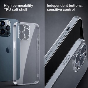 May include: Clear TPU soft shell phone case with independent buttons. The case is shown on a dark gray background. The text "High permeability TPU soft shell" and "Independent buttons, sensitive control" are visible.