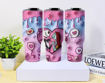 Jack Skellington und Sally Bechertasse, Liebesherz Tropf Edelstahl isoliert, Vakuumkaffee Reisebecher, Jack Skellington Bechergeschenk
