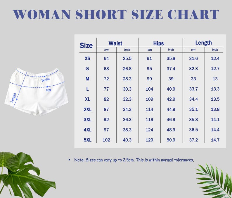 Puede incluir: Tabla de tallas de shorts para mujer, con medidas en cm y pulgadas. Tallas de XS a 5XL, con detalles de cintura, cadera y largo. El short es blanco. El texto "WOMAN SHORT SIZE CHART" est&aacute; en la parte superior.