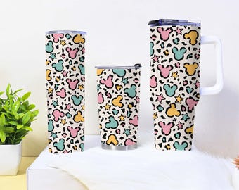 Mickey Leopard Tumbler, Cute Mouse Ears Tumbler 20oz 30oz 40oz, Pastel Animal Print Cup, Coffee Travel Mug, Kawaii Tumbler Gift