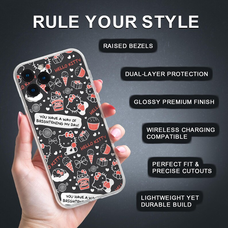 May include: Clear phone case featuring a black background with a pattern of Hello Kitty characters, sweets, and the text "You have a way of brightening my day!". The case has raised bezels, dual-layer protection, and a glossy finish.
