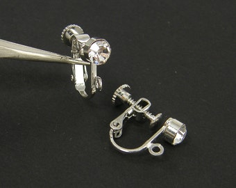Rhinestone Clip on Earring Findings Silver Rhodium Plate Clear Crystal with Loop |S5-7|4