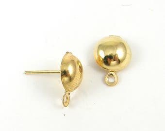 12 Pcs Gold Half Ball Earring Post with Loop, 8mm Round Post Earring Finding Circle Stud Earring Jewelry Supply |LG7-8|12