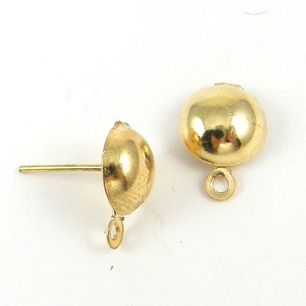 12 Pcs Gold Half Ball Earring Post with Loop, 8mm Round Post Earring Finding Circle Stud Earring Jewelry Supply |LG7-8|12