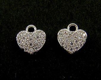 2 Pcs Tiny Heart Pendant Earring Findings Silver Clear Rhinestone Pave Mini Extra Small Heart Charm Dainty Cubic Zirconia CZ  |S26-10|2