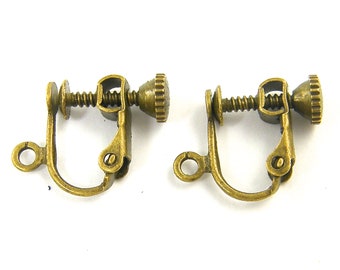 4 Pcs Antique Brass Bronze Clip on Earring Findings, Flat Pad Screw Back with Loop |AN6-5|4