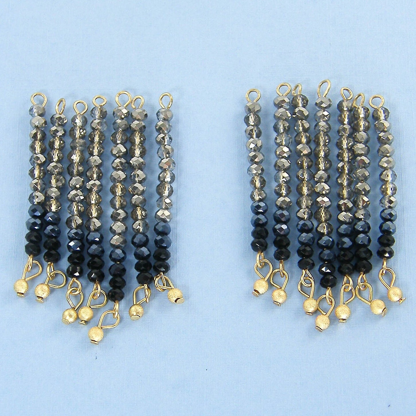 14 Pc Graduated Set of Black Gray Beaded Earring Dangles or Pendants, Long Light to Dark Ombre Black Gold Earring Findings |LG6-4|14