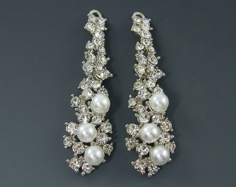 Bridal Pearl Earrings Long Clear Rhinestone Cascading Silver Drop Wedding Jewelry Supply |S13-8|2
