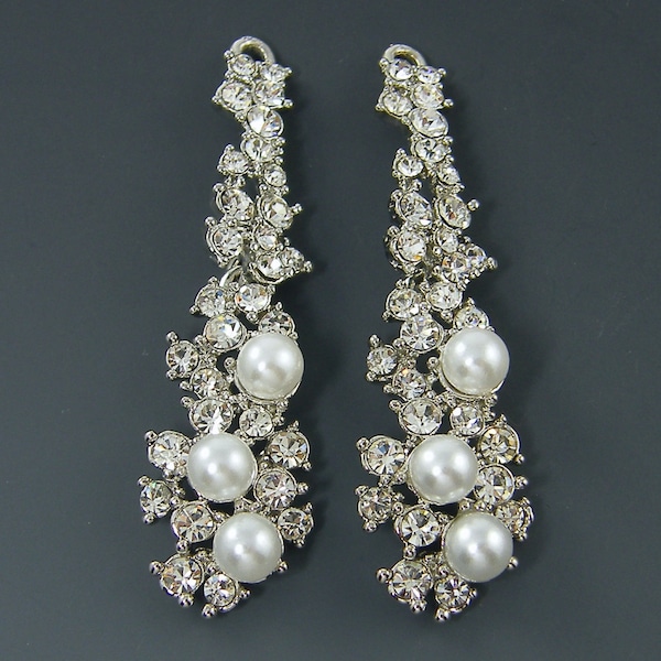 Bridal Pearl Earrings Long Clear Rhinestone Cascading Silver Drop Wedding Jewelry Supply |S13-8|2