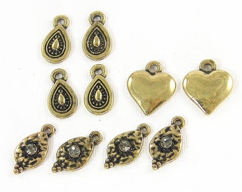 10 Pcs Tiny Antique Gold Charm Set, Assorted Mini Gold Jewelry Charms, Heart Teardrop Rhinestone Drop Earring Dangles |G17-6|10