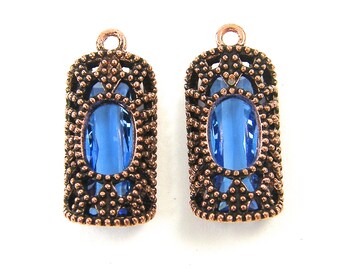Sapphire Blue Antique Copper Earring Findings, Ornate Filigree Blue Crystal Pendant Charms Rectangle Victorian Style |B4-1|2