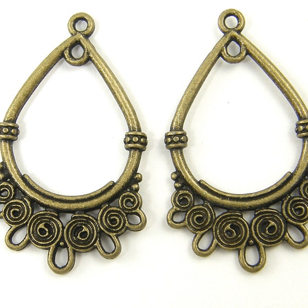 Tribal Brass Earring Findings Antique Brass Teardrop Filigree Spiral Chandelier Earring Component Pendant Connector |AN3-13|2