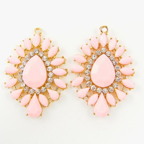 Pink and Rhinestone Chandelier Earring Findings - Pair of Dressy Shiny Shimmering Jewelry Drop Pendant Finding Charms