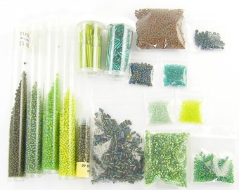 Green Seed Bead Assortment, Destash Lime Emerald Olive Green Teal Size 11 Seed Beads for Bead Weaving, Tiny Glass Green Bugle Beads |LG5-5