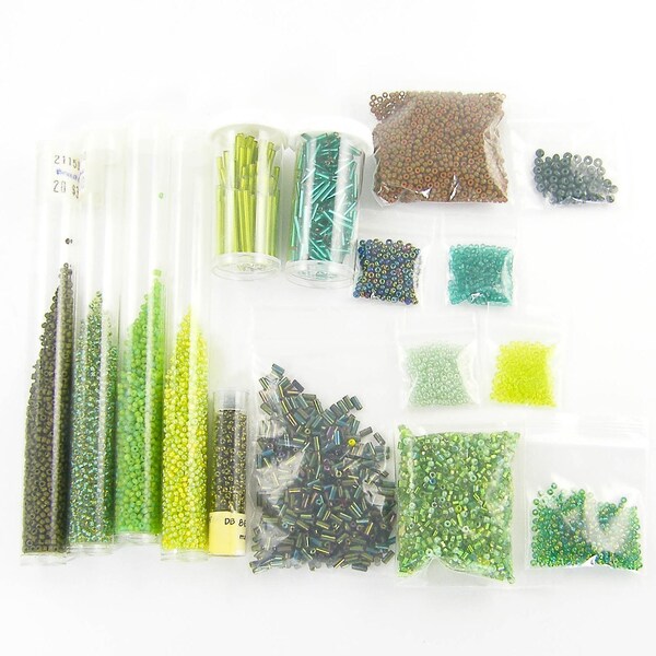 Green Seed Bead Assortment, Destash Lime Emerald Olive Green Teal Size 11 Seed Beads for Bead Weaving, Tiny Glass Green Bugle Beads |LG5-5