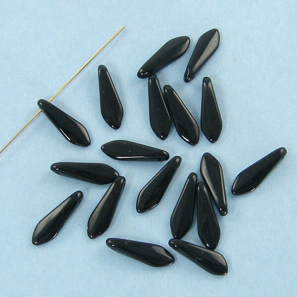 18 Pcs Vintage Black Side Drilled Dagger Beads, Black Point Czech Pressed Glass Drop Dangle 15mm Slim Teardrop Beads |BL1-9|18