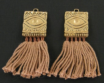Eye Earring Findings, Boho Tan Gold Brown Fringe Tassel Pendants, Evil Eye Bohemian Earring Dangles, Antique Gold Jewelry Supply |BR3-7|2