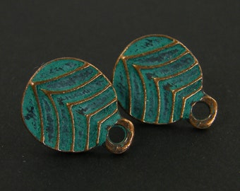 Copper Earring Posts with Loop, Verdigris Earring Studs, Copper Green Chevron Earring Findings |CO4-2|2