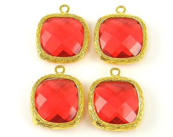 4 Red Pendants with Gold Bezel Frame Red Charms, DIY jewelry supplies Red Faceted Charms, Red Pendant, Red Earring Drop |R3-11|4