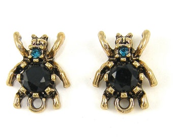 Insect Rhinestone Earring Post Findings, Antique Gold Emerald Green Jet Black Rhinestone Insect Earring Stud with Loop |AN11-4|2