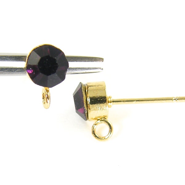 5mm Purple Rhinestone Earrings Posts with Loop, Dark Amethyst Gold Earring Stud Findings |PU1-16|2