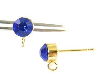 5mm Sapphire Blue Rhinestone Earrings Posts with Loop, Cobalt Blue Gold Earring Stud Findings, September Birthstone |B12-15|2