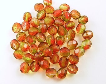 Peach Green Beads, Pink Green Beads, 6mm Peach Pear Faceted Round Czech Fire Polish Glass Beads |FR1-64|50