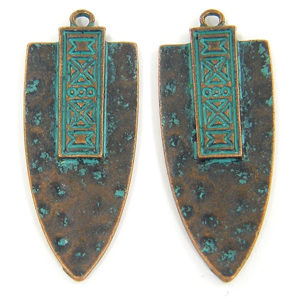 Shield Earrings Findings, Verdigris Green Patina Antique Copper Spear Tribal Markings Pendant Ethnic Jewelry Component |CO3-6|2
