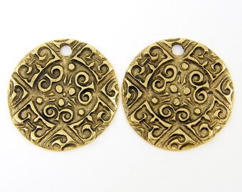 Antique Gold Boho Earring Dangles, Gold Tribal Earring Findings, Ancient Faux Coin Pendants, Medallion Jewelry Component |Q3-6|2