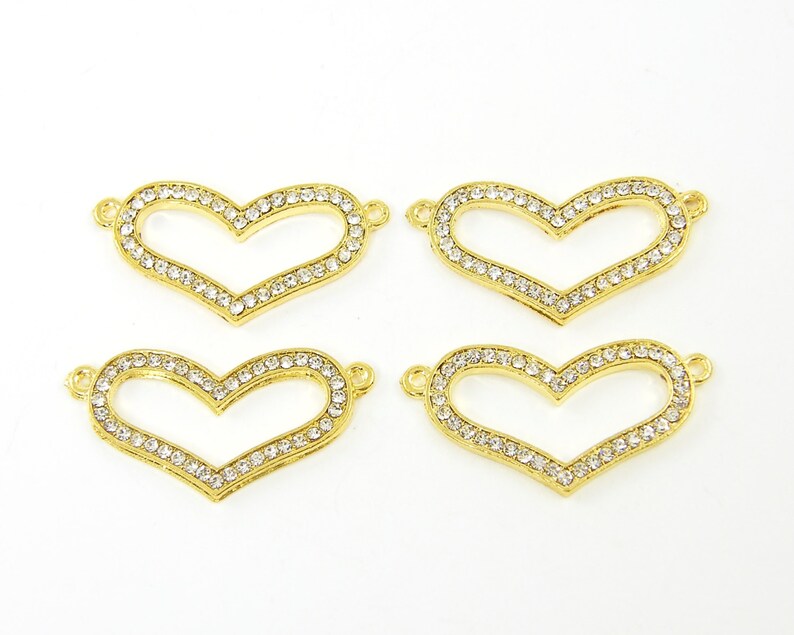Open Heart Finding Pendant 4 Pcs Heart Bracelet Link Gold Rhinestone Jewelry Connector G2-6|4 XH