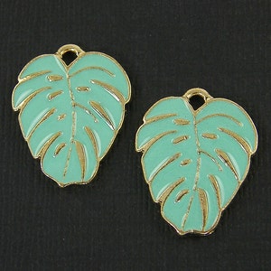 Green Leaf Charms, Green Gold Enamel Nature Jewelry Pendant, Monstera Leaf, Light Mint Green Tropical Leaf for Plant Lover |GR3-1|2