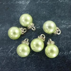 6 Pcs 10mm Light Green Pearl Bridesmaid Earring Findings, Mint Wedding Bridal Party Dangles, Silver Clear Rhinestone Pendant Charm |GR1-1|6