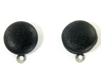 Black Faux Leather Fabric Earring Post Findings, 15mm Padded Round Black Silver Stud Earring Connectors with Loop |BL5-4|2